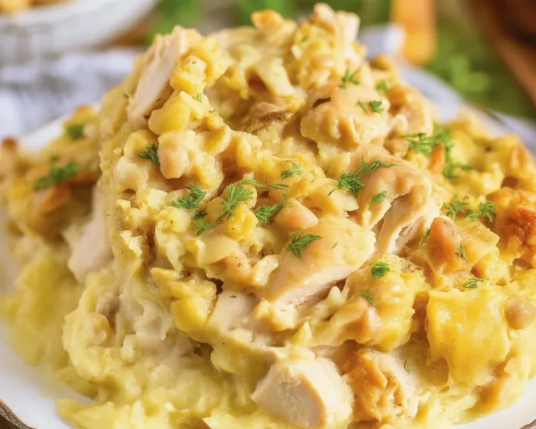 Savory chicken and stuffing casserole ready to serve, a family favorite dish.