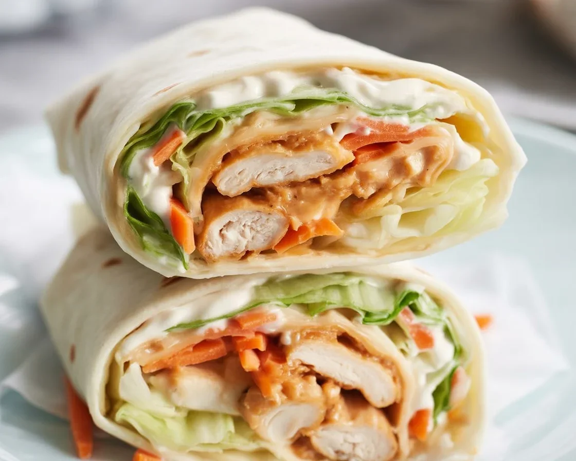 Delicious buffalo chicken wrap filled with chicken, veggies, and buffalo sauce.