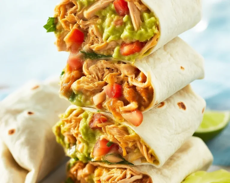Homemade chicken burrito filled with shredded chicken, rice, and cheese.