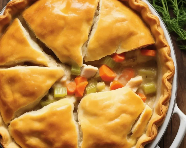 Delicious chicken pot pie made with cream of chicken soup and pre-made crust.