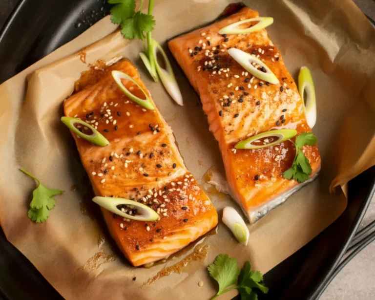 Baked coho salmon garnished with lemon and garlic on a white plate.