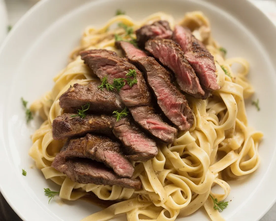 Delicious steak and pasta dish ready to serve, showcasing creamy sauce and tender beef.