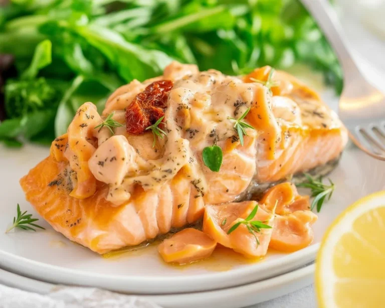 Marry Me Salmon with creamy sun-dried tomato sauce on a plate