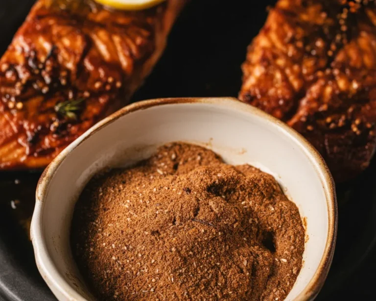 Delicious salmon rub recipe with seasoning ingredients like brown sugar and smoked paprika.