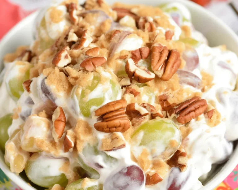 Delicious Chicken Salad Chick grape salad with creamy dressing and pecan topping