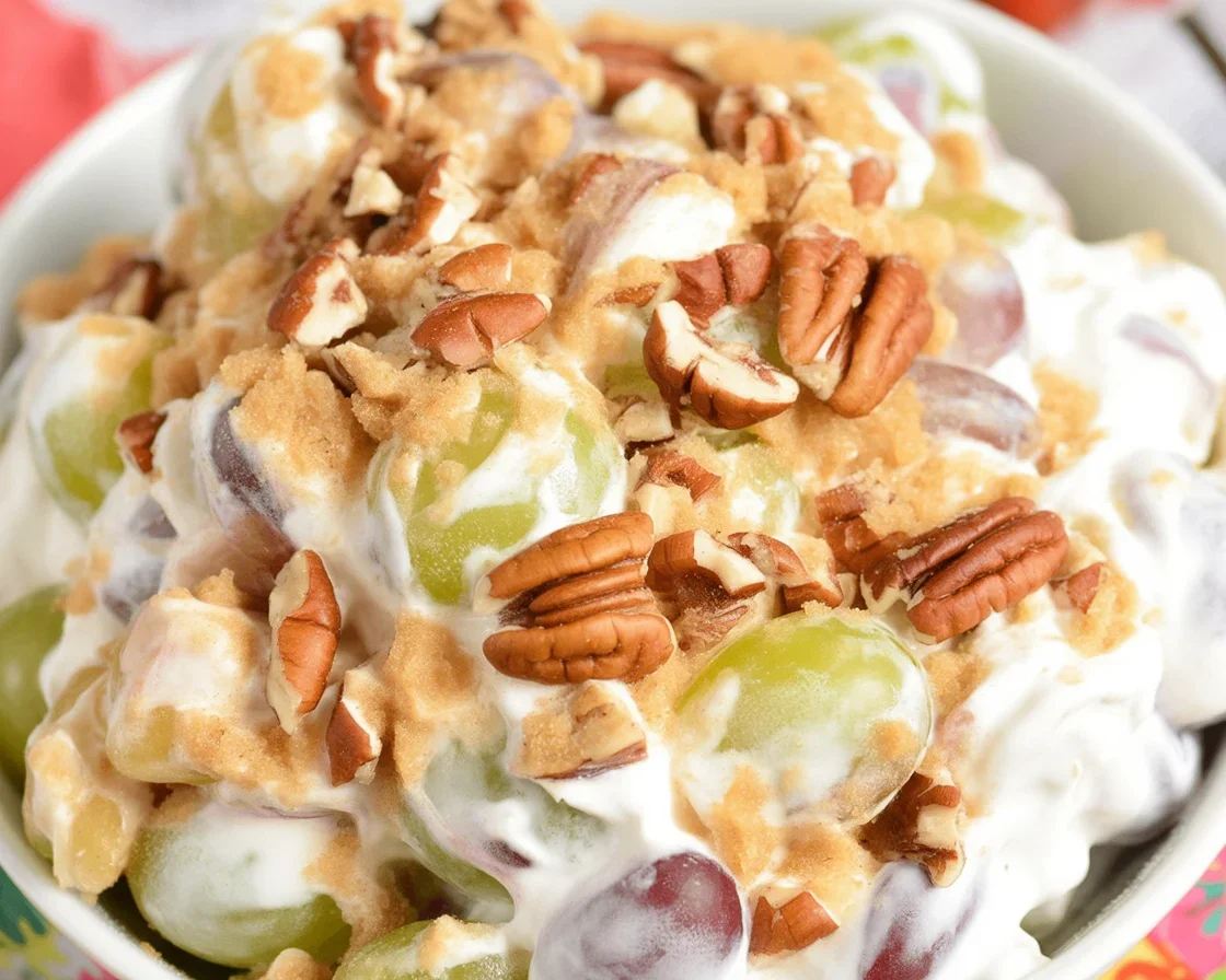Delicious Chicken Salad Chick grape salad with creamy dressing and pecan topping
