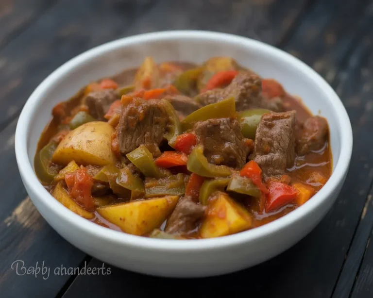 Delicious beef kaldereta stew with beef, vegetables, and rich tomato sauce.