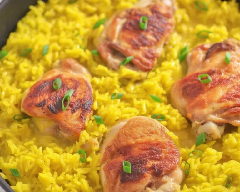 Delicious chicken and yellow rice served in a vibrant one-pot meal.