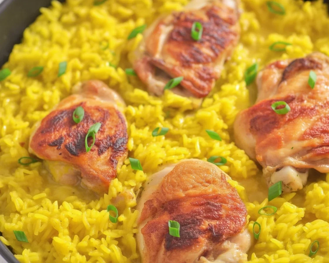 Delicious chicken and yellow rice served in a vibrant one-pot meal.