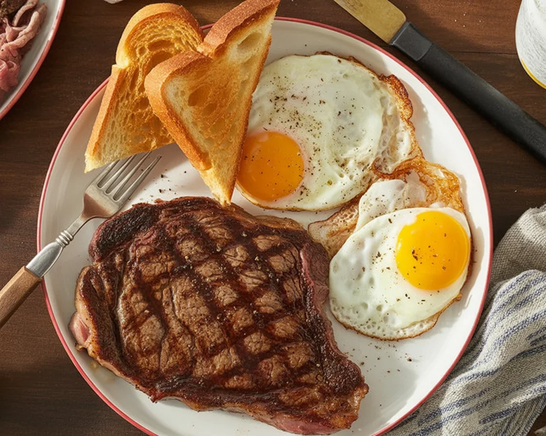 Delicious steak and eggs served with sunny-side up eggs and seasoned ribeye steak.