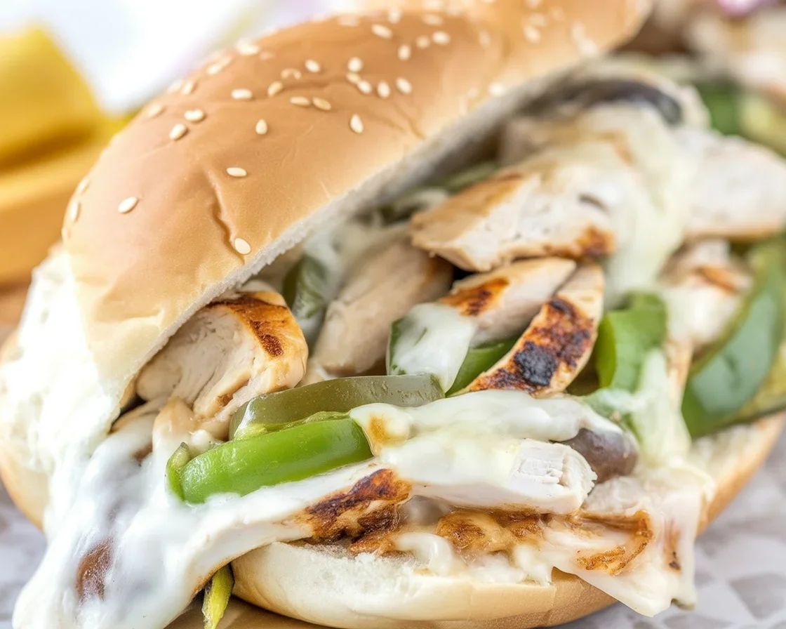Chicken Philly Cheesesteak sandwich with sautéed vegetables and melted cheese