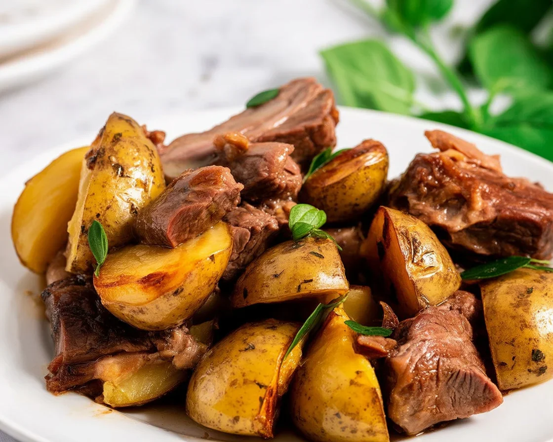 Garlic butter steak and potatoes dish served in a cast iron skillet.