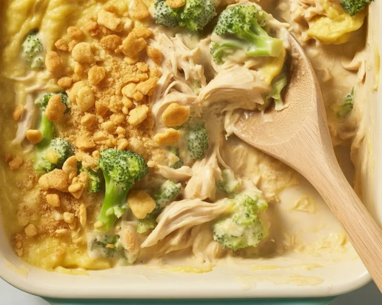 Delicious chicken divan casserole with broccoli, creamy sauce, and melted cheese.
