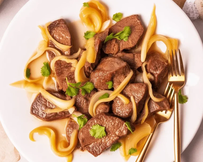 Delicious beef liver dish with caramelized onions and savory seasonings cooked to perfection.