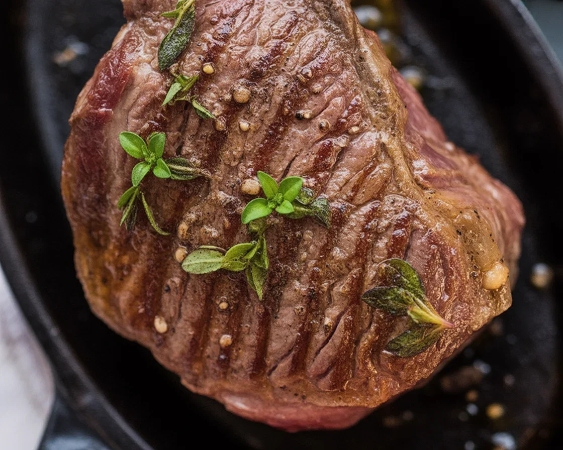 Juicy venison steak cooked in a skillet with herbs and spices, garnished with mushrooms.